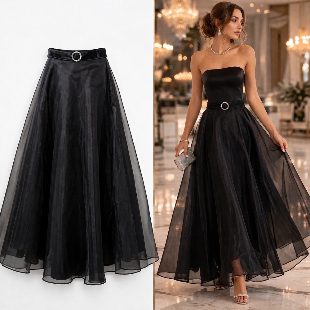 Black Organza Rhinestone Belt Maxi Skirt Womens Size XL Formal Evening Gala NWT